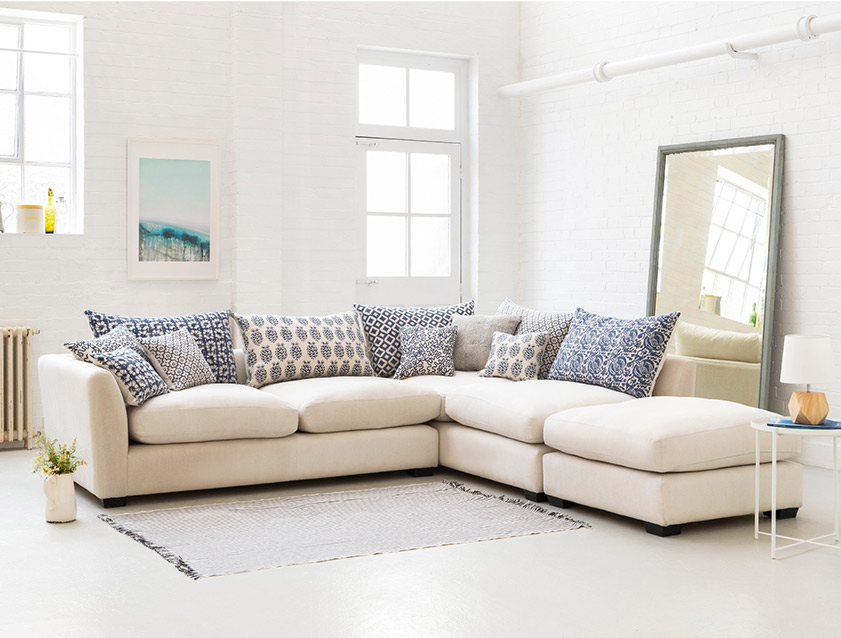 Hambledon Large Corner Unit and Stool LHF in Sandy Linen with Indigo & Wills Mixed Scatters